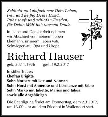 Traueranzeige von Richard Hauser von Mitteldeutsche Zeitung Merseburg/Querfurt