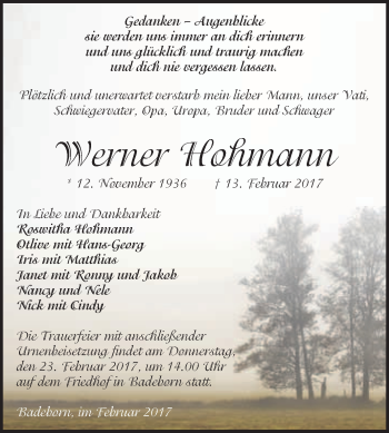 Traueranzeige von Werner Hohmann von Super Sonntag Quedlinburg