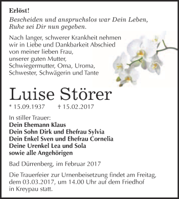 Traueranzeige von Luise Störer von Super Sonntag Halle