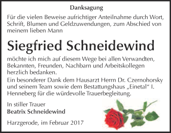 Traueranzeige von Siegfried Schneidewind von Super Sonntag Quedlinburg