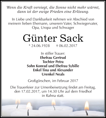 Traueranzeige von Günter Sack von WVG - Wochenspiegel NMB / WSF / ZTZ