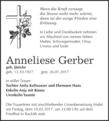 Traueranzeige von Anneliese Gerber von Super Sonntag Wittenberg