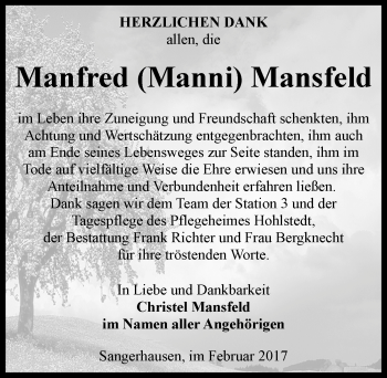 Traueranzeige von Manfred Mansfeld von Mitteldeutsche Zeitung Sangerhausen