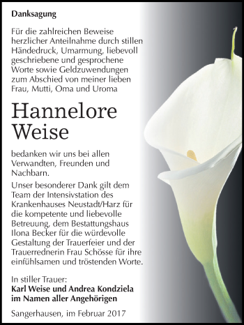 Traueranzeige von Hannelore Weise von Super Sonntag SGH Mansf. Land