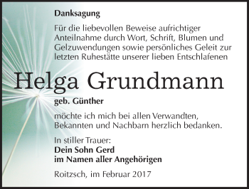 Traueranzeige von Helga Grundmann von Mitteldeutsche Zeitung Bitterfeld