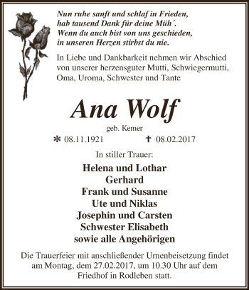Traueranzeige von Ana Wolf von WVG - Wochenspiegel Dessau / Köthen