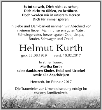 Traueranzeige von Helmut Kurth von Mitteldeutsche Zeitung Mansfelder Land