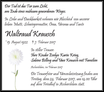 Traueranzeige von Waltraud Krausch von Super Sonntag SGH Mansf. Land