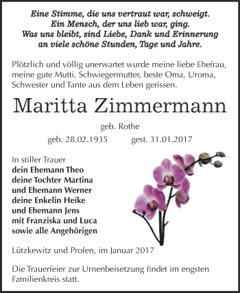Traueranzeige von Maritta Zimmermann von Super Sonntag Zeitz