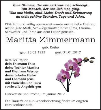 Traueranzeige von Maritta Zimmermann von Mitteldeutsche Zeitung Zeitz
