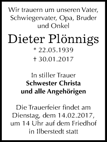 Traueranzeige von Dieter Plönnigs von Mitteldeutsche Zeitung Bernburg