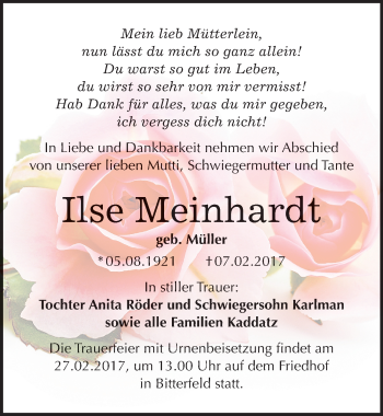 Traueranzeige von Ilse Meinhardt von Mitteldeutsche Zeitung Bitterfeld