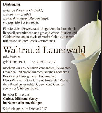 Traueranzeige von Waltraud Lauerwald von WVG - Wochenspiegel Bitterfeld