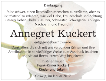 Traueranzeige von Annegret Kuckert von Mitteldeutsche Zeitung Wittenberg
