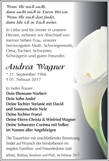 Traueranzeige von Andrea Wagner von Mitteldeutsche Zeitung Bitterfeld