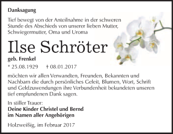 Traueranzeige von Ilse Schröter von WVG - Wochenspiegel Bitterfeld