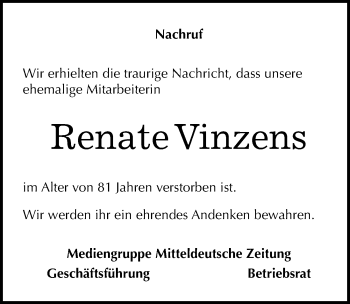 Traueranzeige von Renate Vinzens von Mitteldeutsche Zeitung Halle/Saalkreis