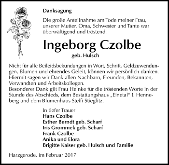 Traueranzeige von Ingeborg Czolbe von Mitteldeutsche Zeitung Quedlinburg