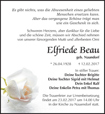 Traueranzeige von Elfriede Beau von Mitteldeutsche Zeitung Halle/Saalkreis