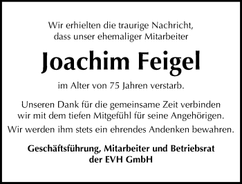 Traueranzeige von Joachim Feigel von Mitteldeutsche Zeitung Halle/Saalkreis