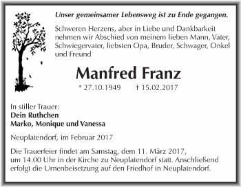 Traueranzeige von Manfred Franz von Super Sonntag Quedlinburg