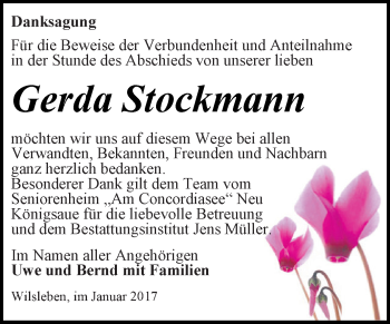Traueranzeige von Gerda Stockmann von Super Sonntag SGH Mansf. Land