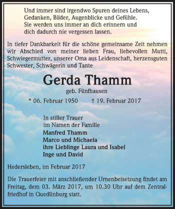 Traueranzeige von Gerda Thamm von Mitteldeutsche Zeitung Quedlinburg