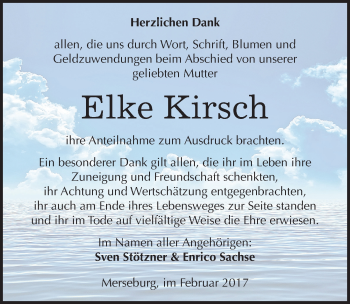 Traueranzeige von Elke Kirsch von Mitteldeutsche Zeitung Halle/Saalkreis