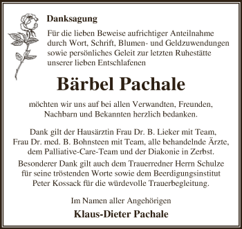 Traueranzeige von Bärbel Pachale von WVG - Wochenspiegel Dessau / Köthen