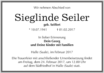 Traueranzeige von Sieglinde Seiler von Mitteldeutsche Zeitung Halle/Saalkreis