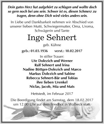 Traueranzeige von Inge Sehnert von Mitteldeutsche Zeitung Mansfelder Land