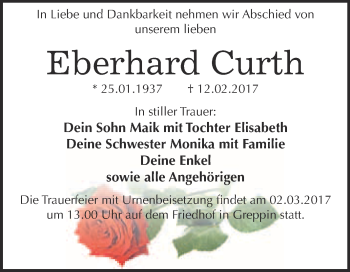 Traueranzeige von Eberhard Curth von WVG - Wochenspiegel Bitterfeld