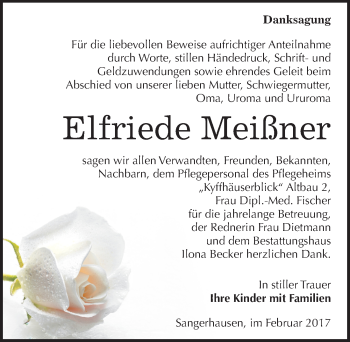 Traueranzeige von Elfriede Meißner von Mitteldeutsche Zeitung Sangerhausen