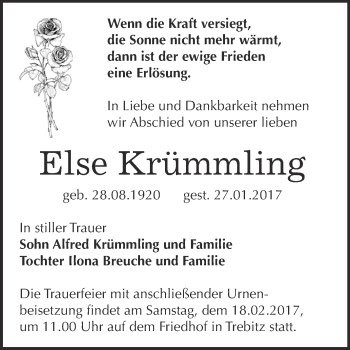 Traueranzeige von Else Krümmling von Super Sonntag Bernburg