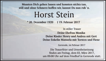 Traueranzeige von Horst Stein von Super Sonntag Quedlinburg