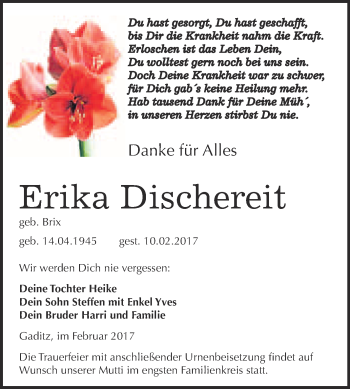 Traueranzeige von Erika Dischereit von Super Sonntag Wittenberg