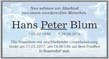 Traueranzeige von Hans Peter Blum von Mitteldeutsche Zeitung Wittenberg