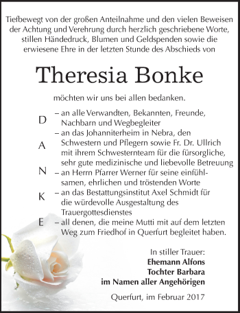 Traueranzeige von Theresia Bonke von Mitteldeutsche Zeitung Naumburg/Nebra