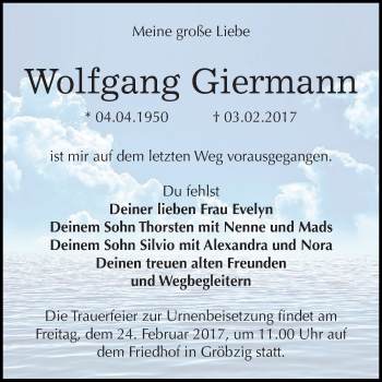 Traueranzeige von Wolfgang Giermann von WVG - Wochenspiegel Dessau / Köthen