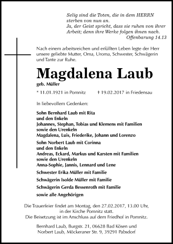 Traueranzeige von Magdalena Laub von Mitteldeutsche Zeitung Naumburg/Nebra