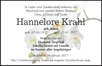 Traueranzeige von Hannelore Krahl von Mitteldeutsche Zeitung Merseburg/Querfurt