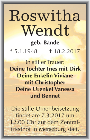 Traueranzeige von Roswitha Wendt von Mitteldeutsche Zeitung Merseburg/Querfurt