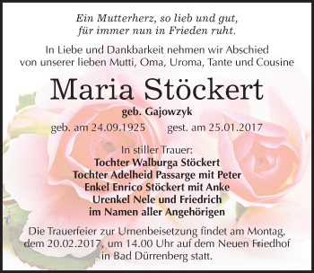 Traueranzeige von Maria Stöckert von Mitteldeutsche Zeitung Merseburg/Querfurt
