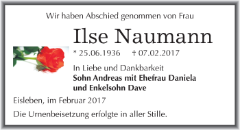 Traueranzeige von Ilse Naumann von Mitteldeutsche Zeitung Mansfelder Land