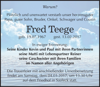Traueranzeige von Fred Teege von Mitteldeutsche Zeitung Naumburg/Nebra