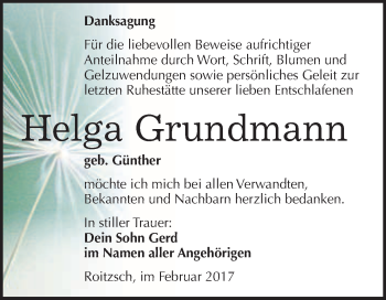 Traueranzeige von Helga Grundmann von WVG - Wochenspiegel Bitterfeld
