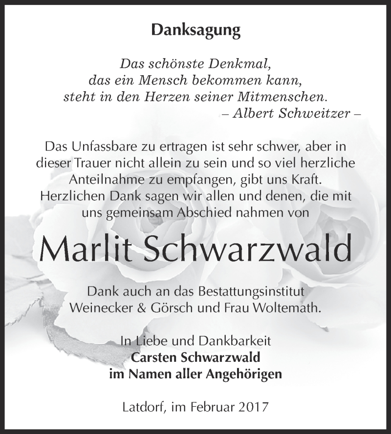  Traueranzeige für Marlit Schwarzwald vom 25.02.2017 aus Super Sonntag Bernburg
