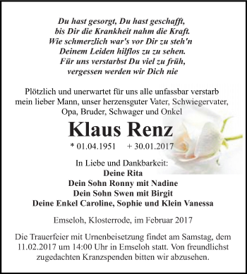 Traueranzeige von Klaus Renz von Super Sonntag SGH Mansf. Land