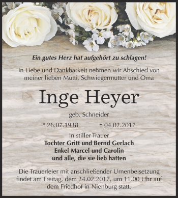 Traueranzeige von Inge Heyer von Super Sonntag Bernburg