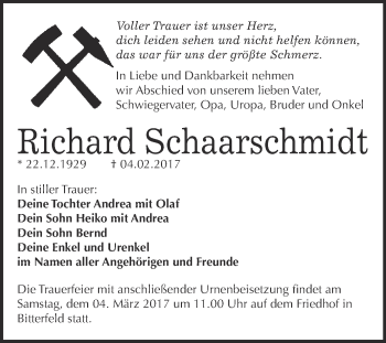Traueranzeige von Richard Schaarschmidt von WVG - Wochenspiegel Bitterfeld